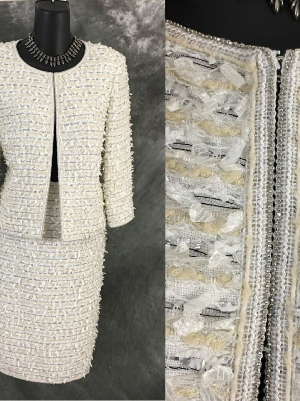 NWT NEW st john knit cream multi fringe jacket skirt suit size 4 6